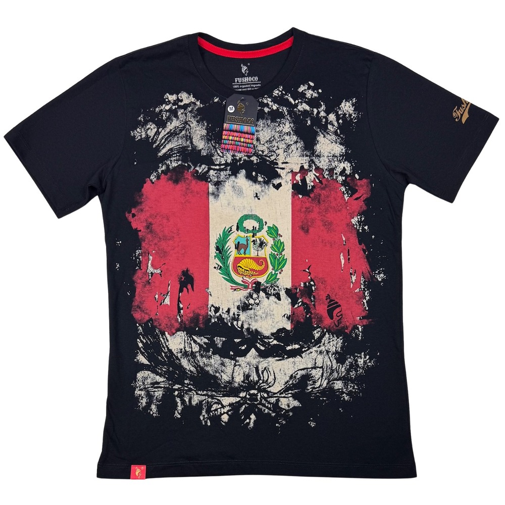 NWT Fushoco T-Shirt Mens Peruvian Cotton Distressed Print Crewneck‎ Medium Black